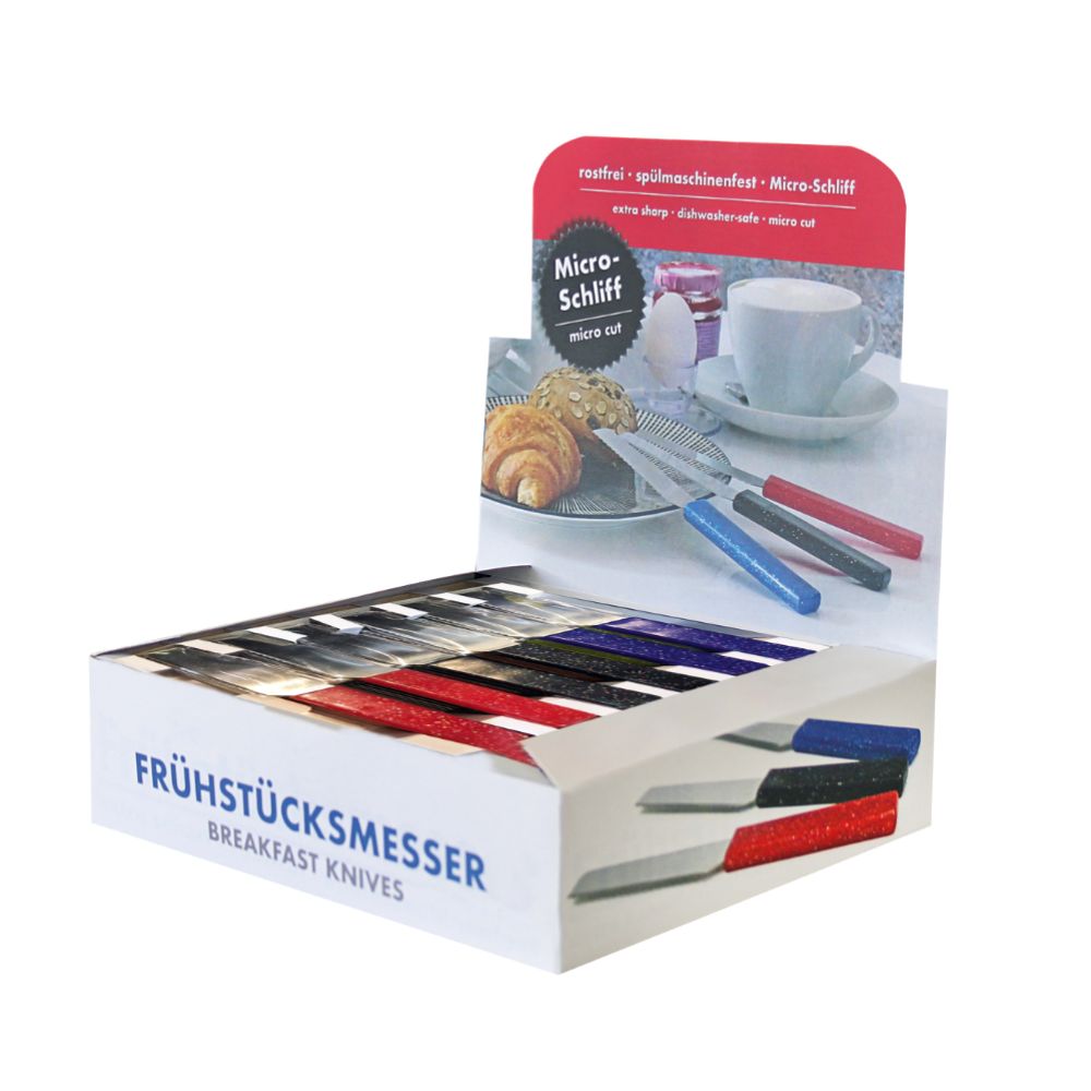 Diskdisplay ”Frukostkniv”, 10 x svart, röd, blå, 1 set