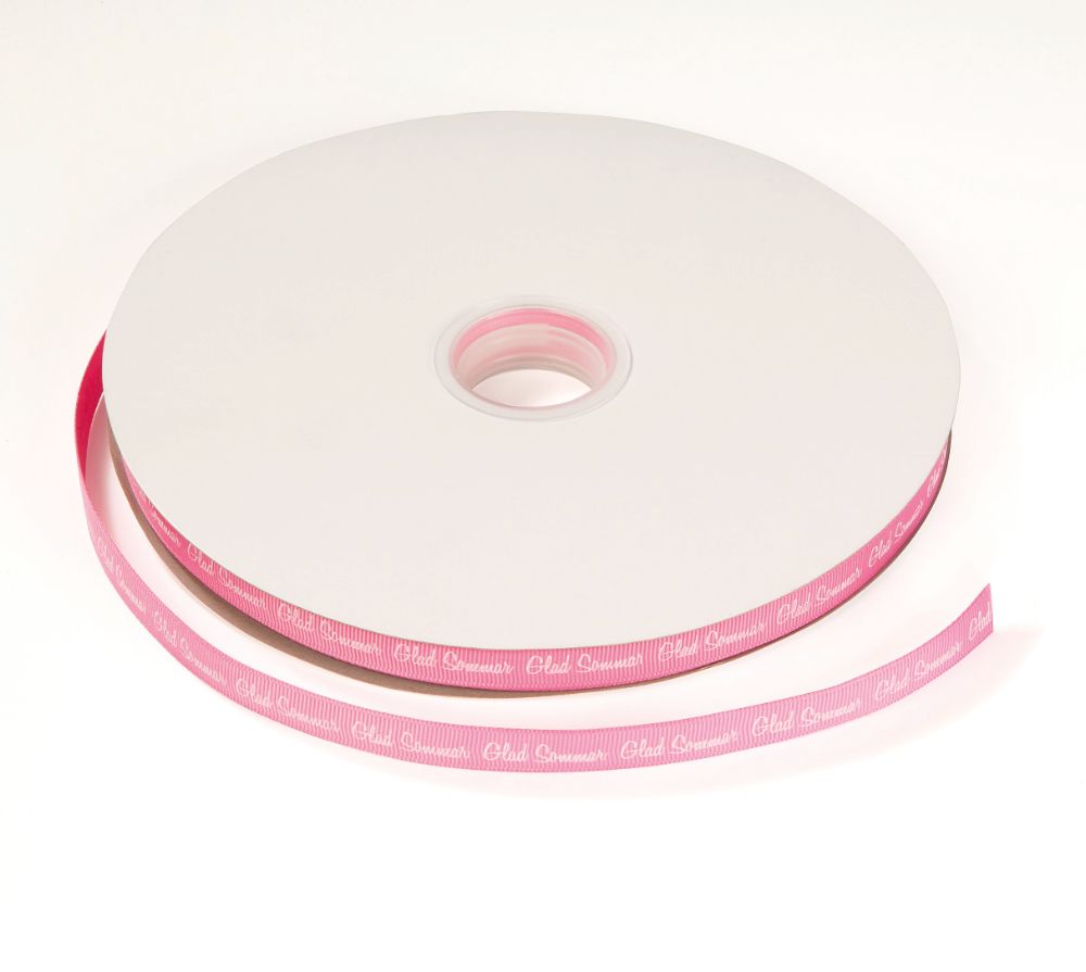 Tygband, Glad Sommar, rosa med vit text, 13 mm x 100 m