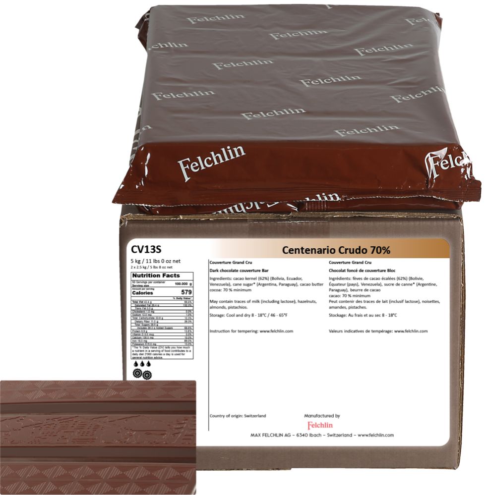 Felchlin, Centenario Crudo 70 %, mörk choklad, block (2,5 kg)