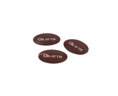 Chokladdekor, oval, mörk choklad, Grattis, 40x30 mm (190 st)