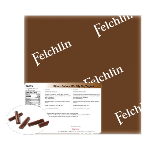 Felchlin, Bâtons Suhum 60 %, bakfasta stänger, 80 mm, 10 g, ekologiska (2,8 kg)